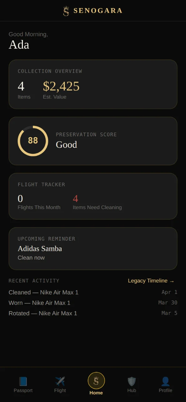 The SENOGARA home dashboard, showing collection value, preservation score and recent activity.