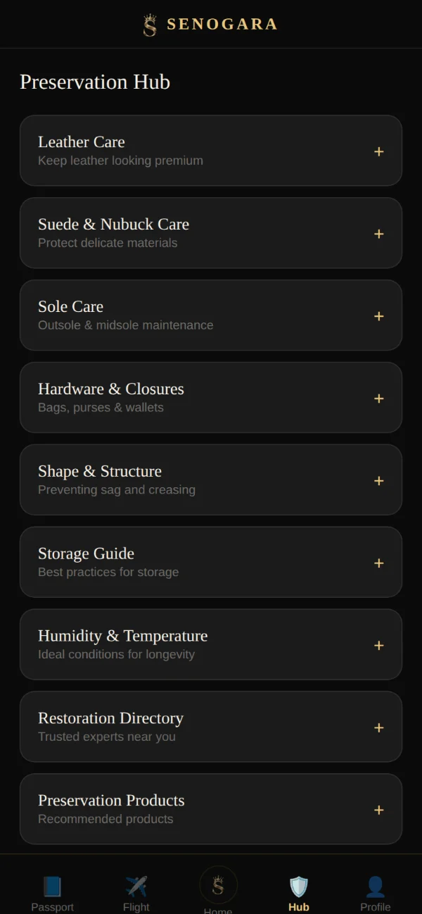 The Preservation Hub, listing material-specific care guides.