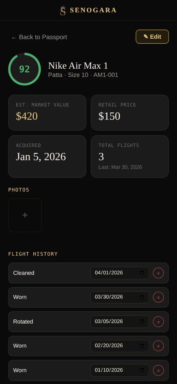 An item's record, showing value, condition, photos and flight history.
