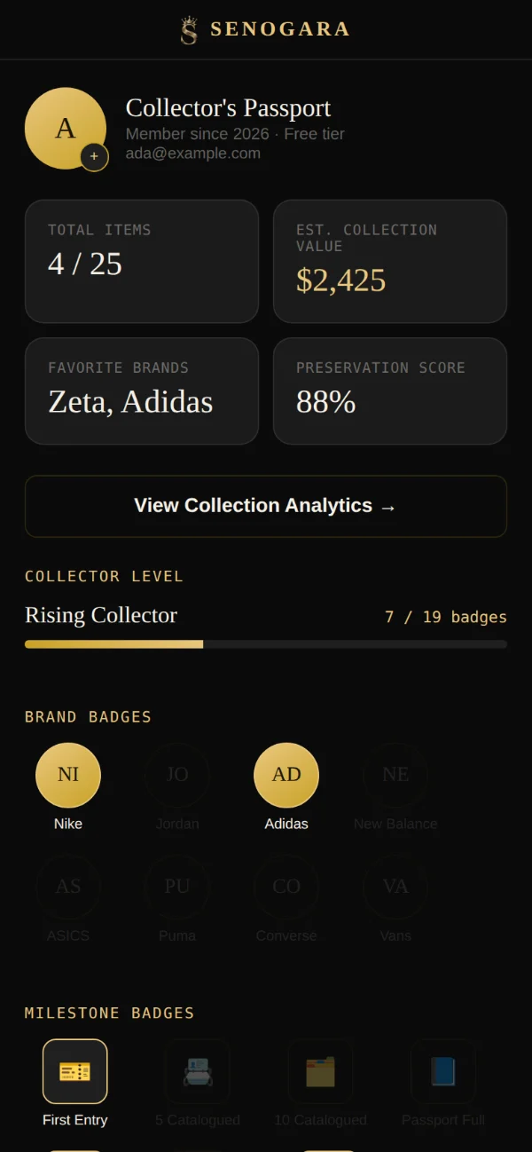 The profile screen, showing collector level and earned badges.